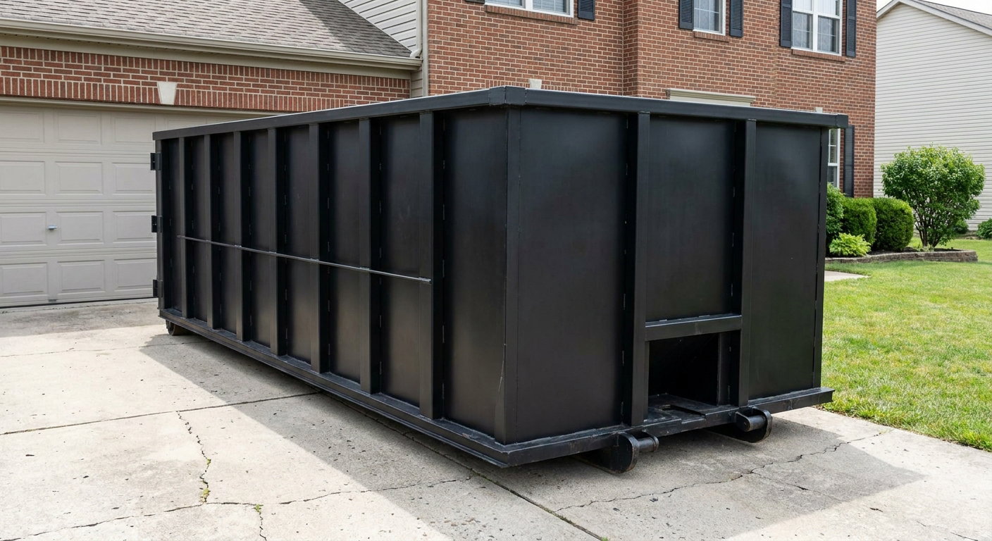Matte-black 20-yard roll-off container on a Racine residential concrete driveway with reinforced ribbed steel sidewalls and a hinged rear walk-in door, clean bright daylight.