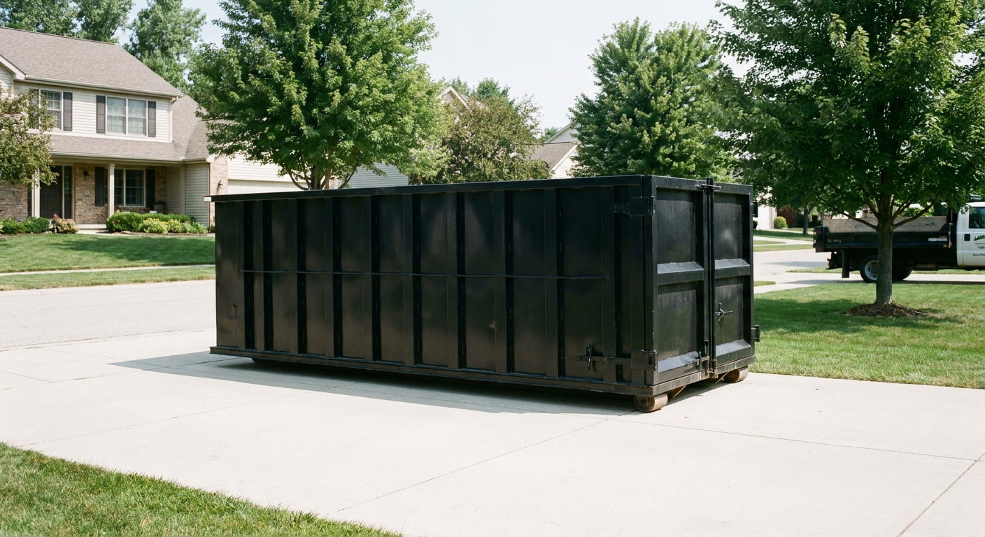 Matte-black 20-yard roll-off dumpster sitting level on a clean Racine residential concrete driveway under bright daylight, demonstrating clean placement directly on the concrete.