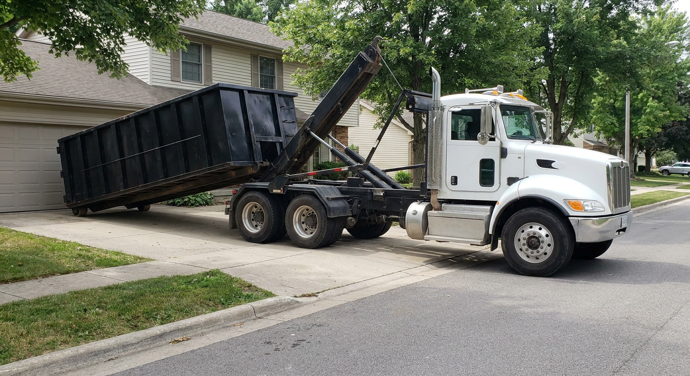 White-cab hooklift roll-off truck actively lowering a matte-black dumpster onto a Racine residential concrete driveway, the dumpster's rear wheels touching the driveway as the hoist arm tilts the bed forward, mid-morning daylight.