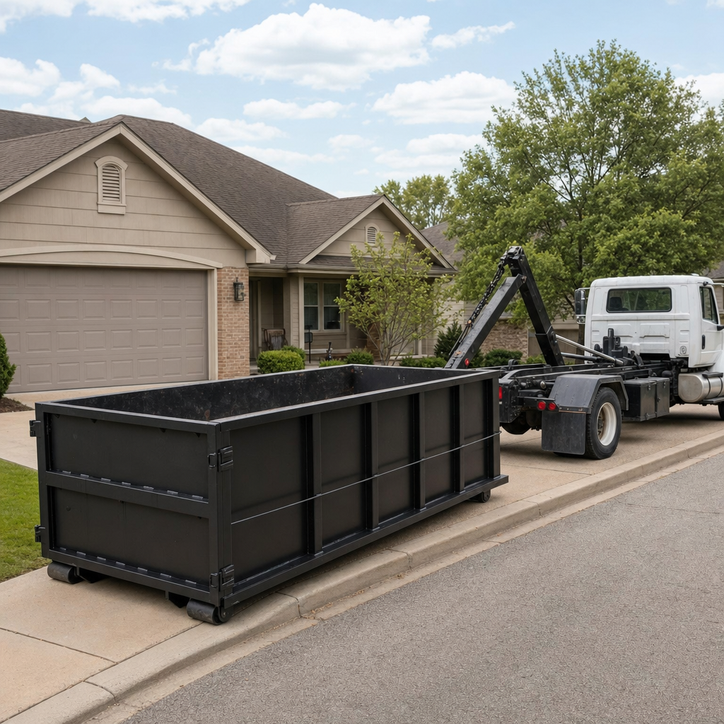 Wide documentary shot of a matte-black roll-off dumpster on a Racine residential driveway in the foreground and a contractor jobsite container in the soft-focus background, bright daylight, calm and orderly composition.