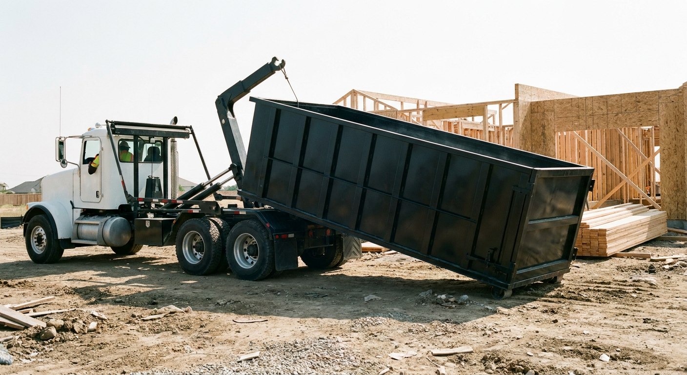 Matte-black roll-off dumpster being delivered onto a clean residential concrete driveway in Racine by an unmarked white hooklift hauler truck, bright morning daylight, documentary 35mm perspective.